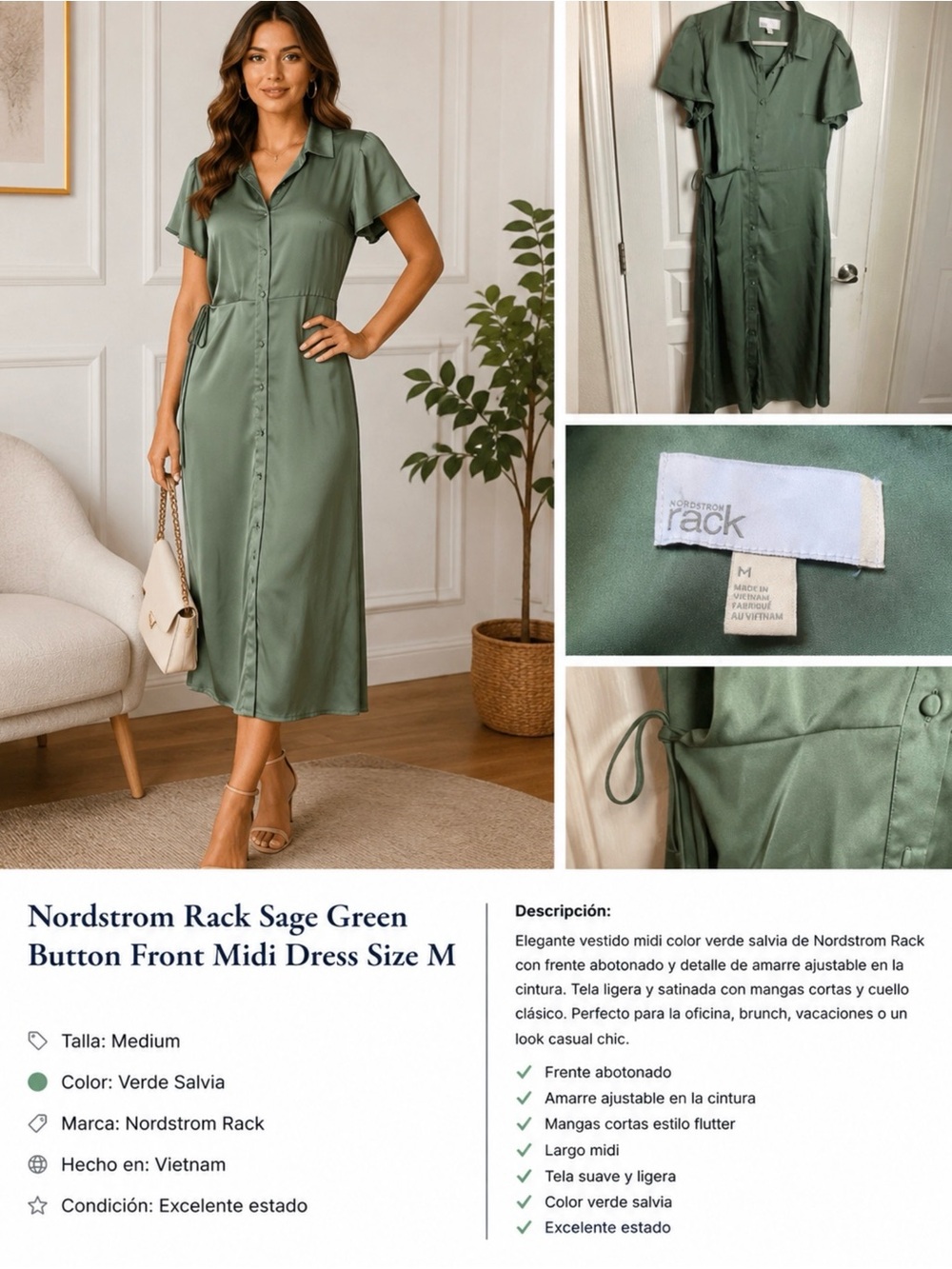 Nordstrom Rack Sage Green Button Front Midi Dress Size M